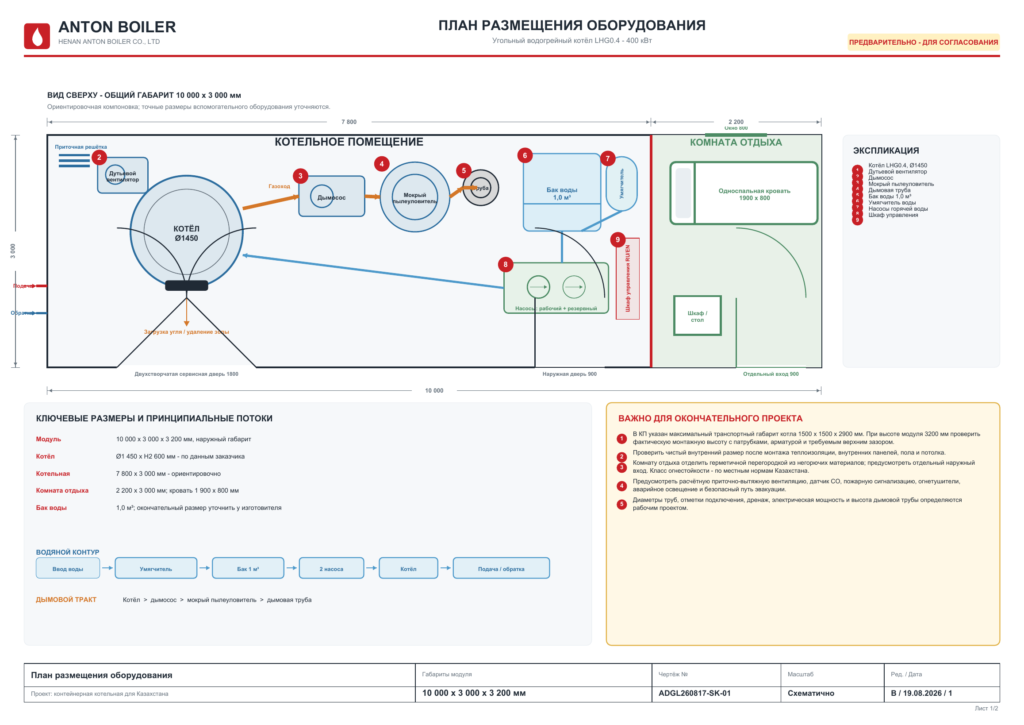 preliminary Russian layout of a 400 kW containerized coal-fired hot-water boiler room for Kazakhstan