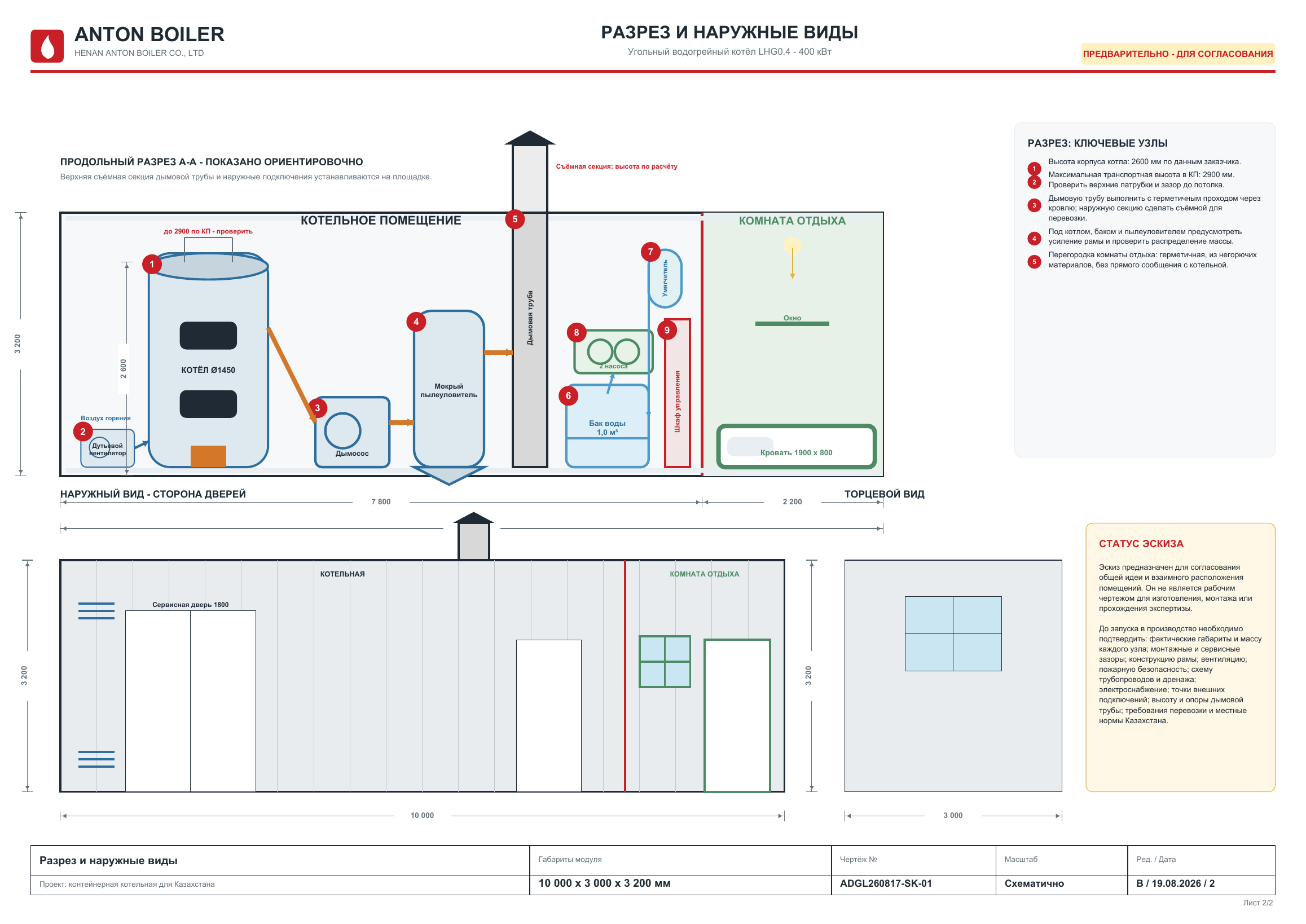preliminary Russian section views of a 400 kW containerized coal-fired hot-water boiler room for Kazakhstan