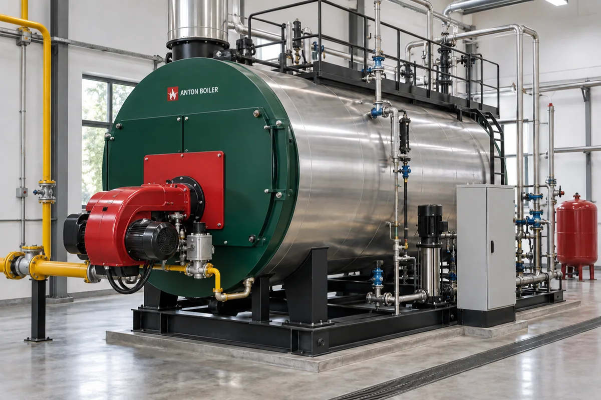 single industrial boiler installation with burner and auxiliaries