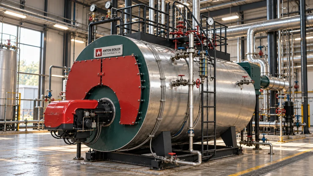 Illustrative view of an Anton Boiler WNS-style industrial boiler and burner in a boiler room