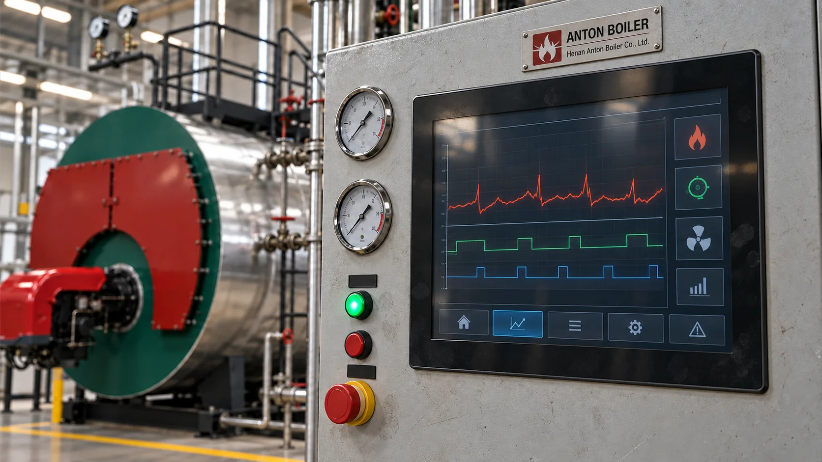 Conceptual boiler short cycling start-stop trend on an industrial control panel