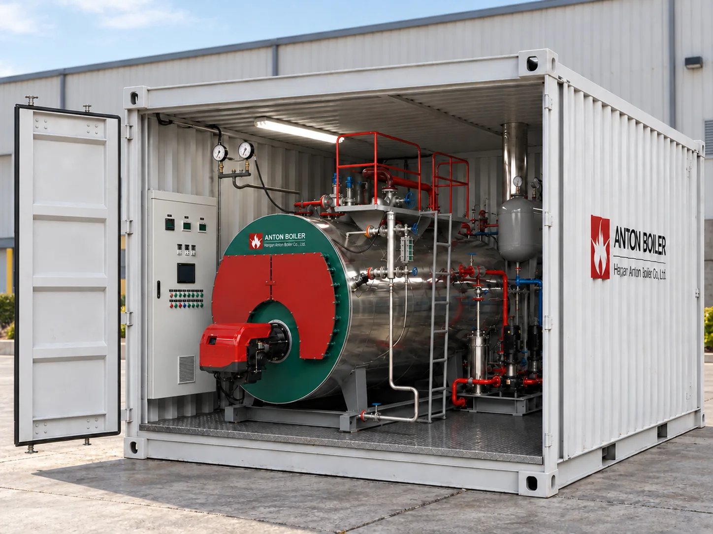 Illustrative Anton Boiler containerized system with boiler and auxiliaries