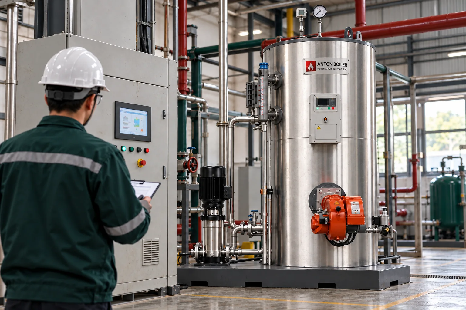 Illustrative rear view of an engineer reviewing boiler controls